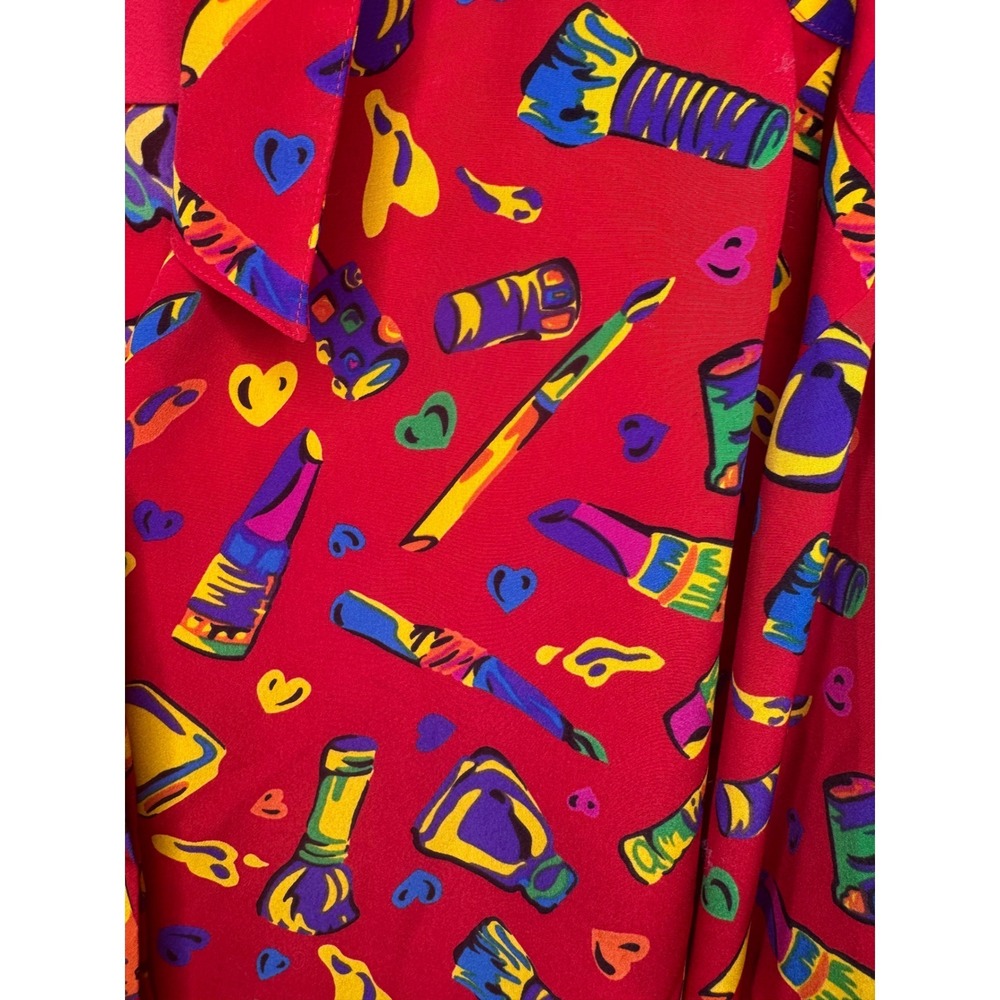 Chaus Vintage Red Makeup Print Button Down Blouse Womens 14 Long Sleeve Novelty - Picture 4 of 9